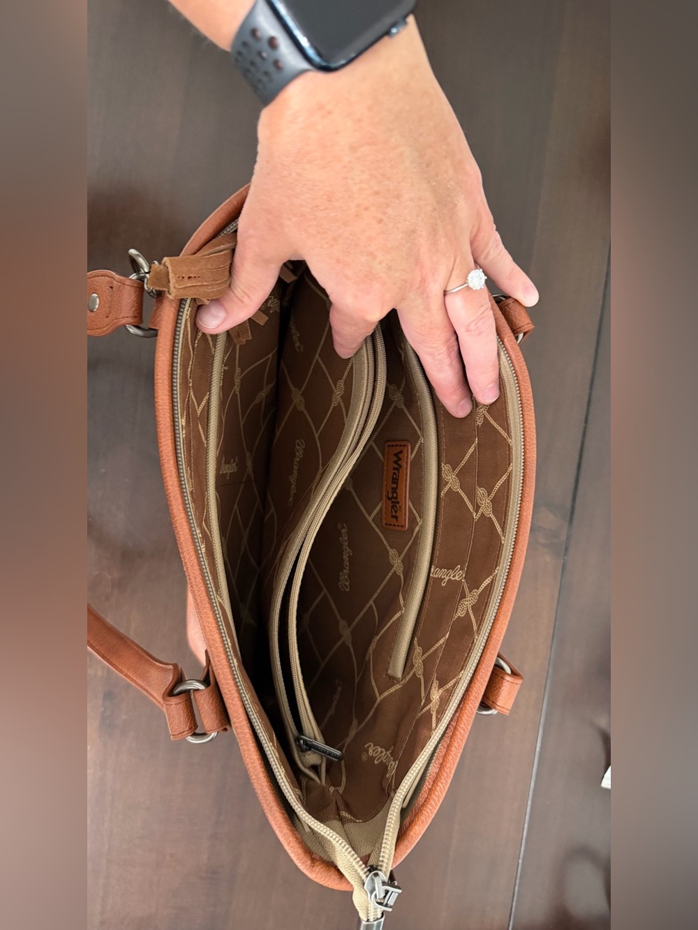 Wrangler Logo Waxed Canvas Tote Bag Khaki Brown Zip Top Shoulder Purse - Picture 5 of 5